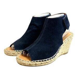Anthro Maypol Black Suede Peep Toe Espadrilles Wedge Heel Size 38 US 7.5